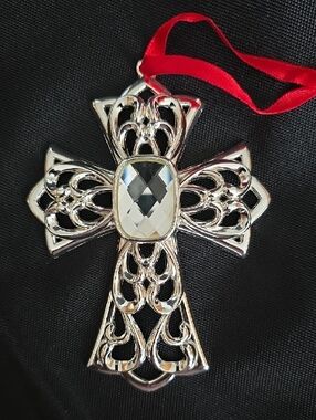 Lenox Silver Filigree Cross Ornament with Red Ribbon